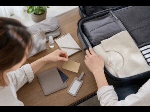 旅行の荷造りをしながらゴールドカードを確認する利用者