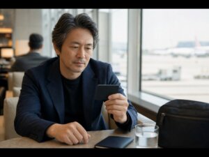 空港ラウンジでプラチナカードの特典を確認するビジネス旅行者