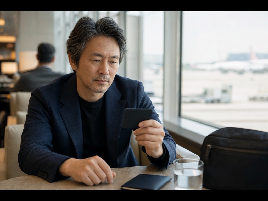 空港ラウンジでプラチナカードの特典を確認するビジネス旅行者